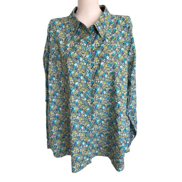 Caribbean Joe Tops - Caribbean Joe Floral Collared Long Roll Tab Sleeve Button Up Shirt Women 3X